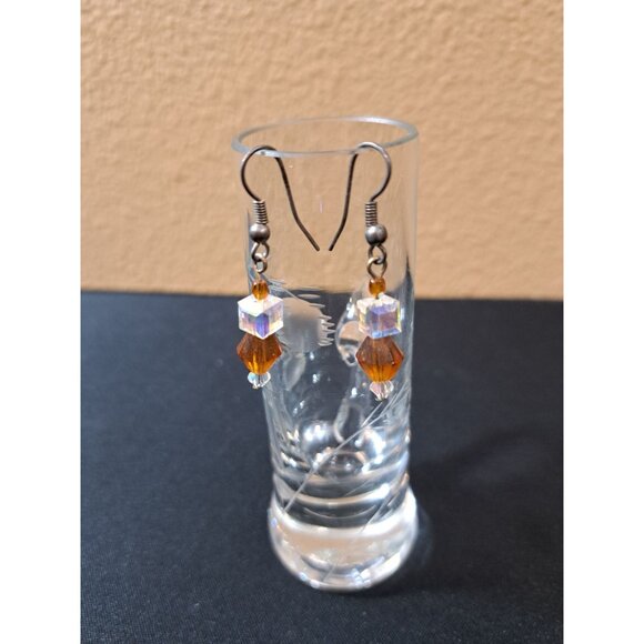 Crystal Bead Dangle Hook Earrings  Orange & Clear Beads - Picture 2 of 3